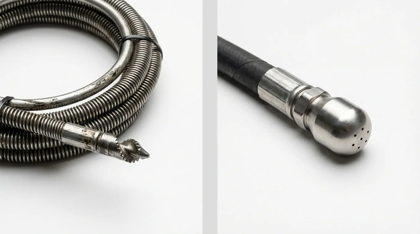 Drain snake cable and hydro jetting nozzle used for drain cleaning in Matawan, NJ