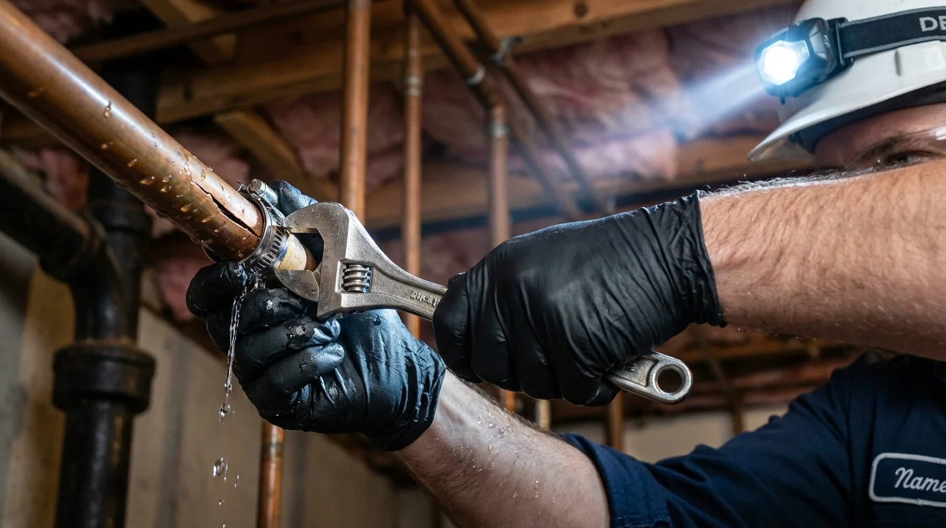 Emergency pipe clamp repair being performed by a Johns Plumbing LLC plumber in Matawan