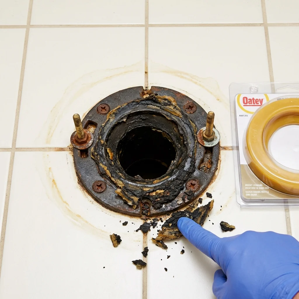 Failed wax ring showing water seepage at the base of a toilet in a Matawan, NJ home
