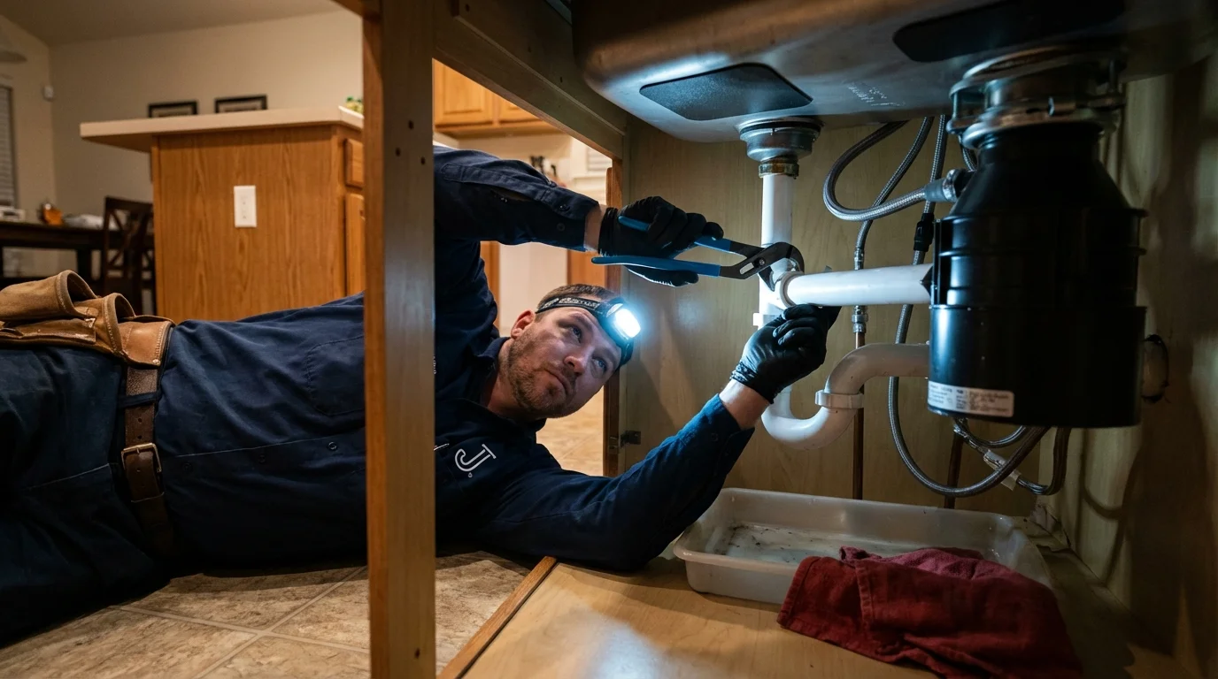 P-trap and supply line connections under a kitchen sink showing a common leak point in Matawan, NJ